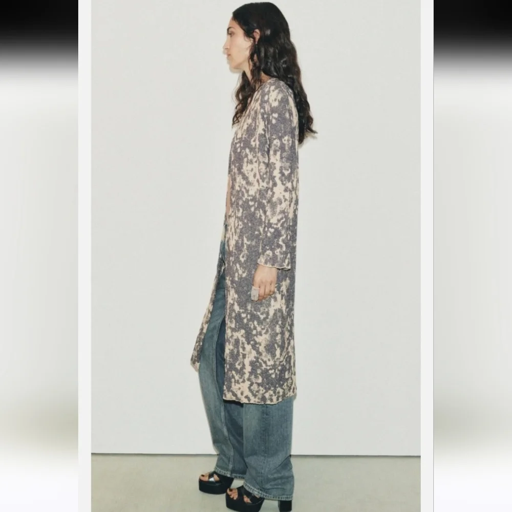 Zara Limited Edition Jaquard Knit Duster Coat Size Small Gold/ Grey,Blue - Picture 5 of 14
